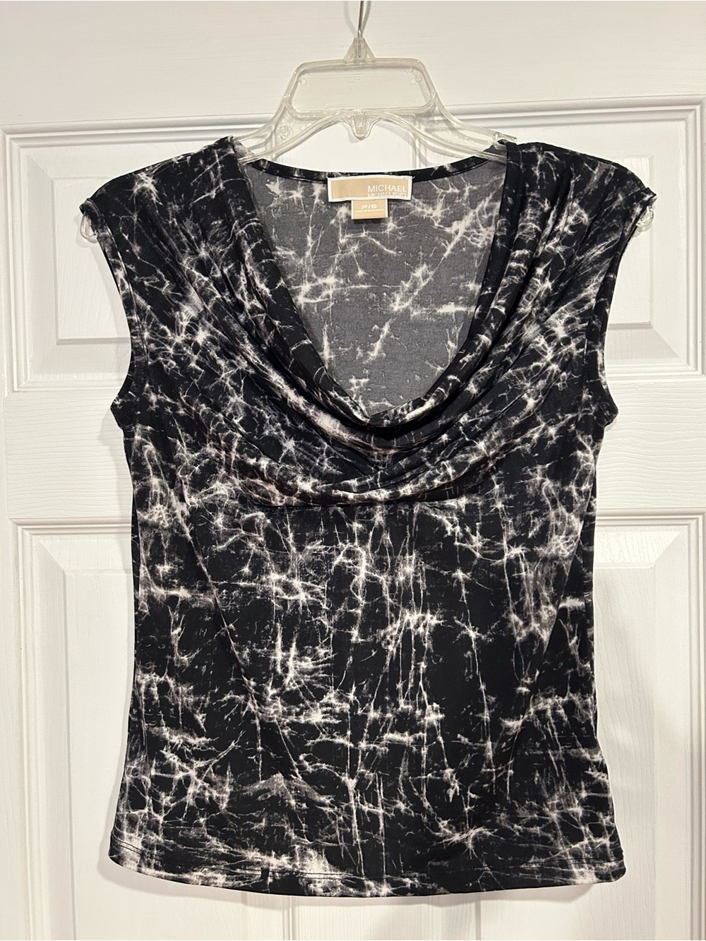 Michael Kors Black & White Draped Cowl Neck Cap Sleeve Top
